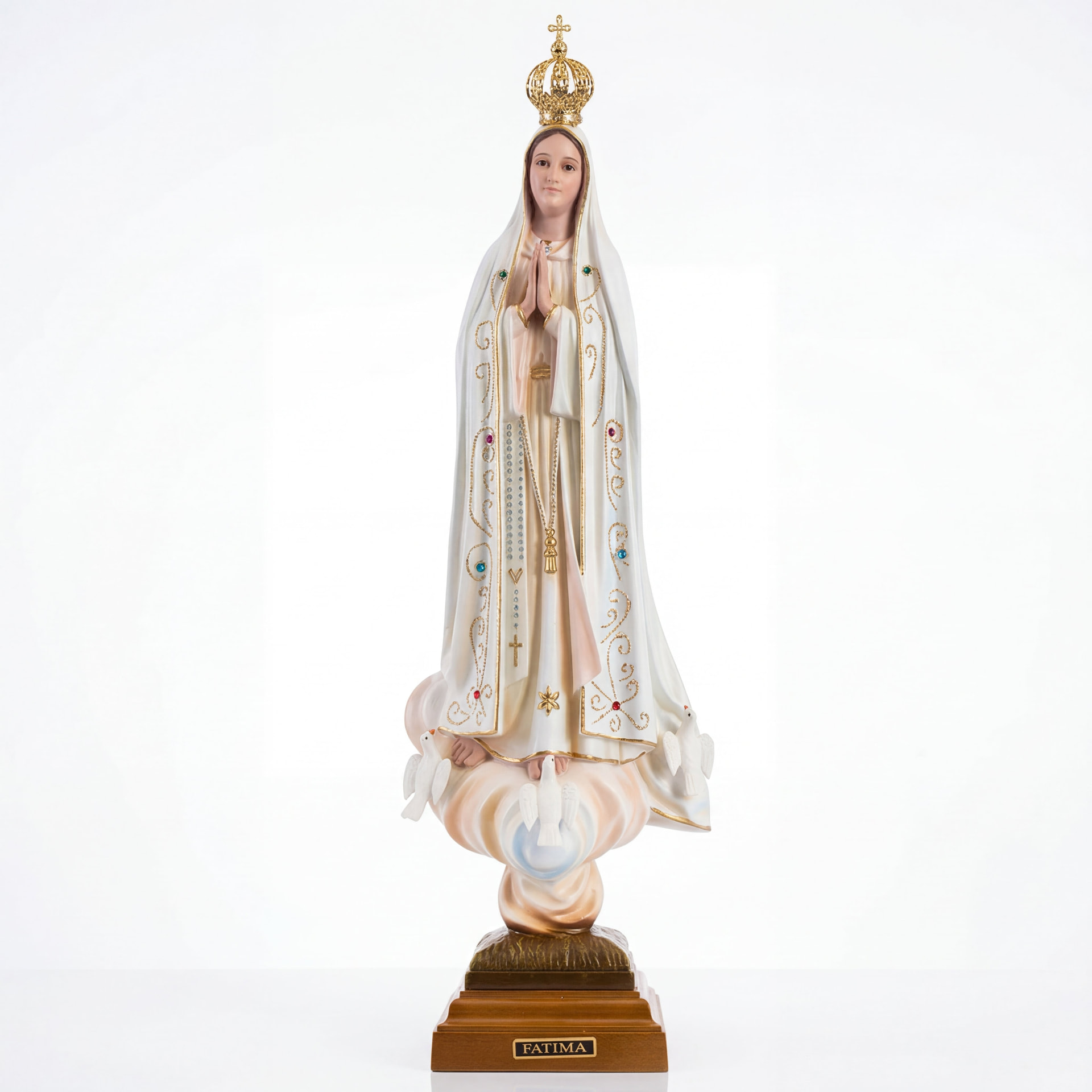 Hand-painted Our Lady of Fátima statue with gold crown and doves
