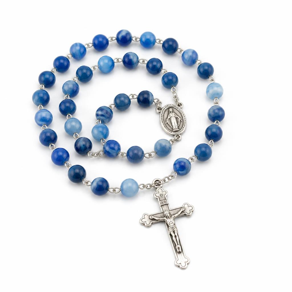 Natural blue agate stone bead rosary with a silver crucifix