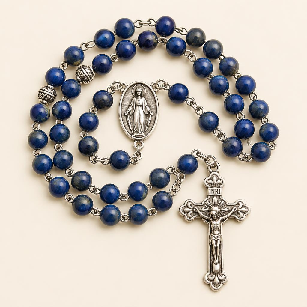 Traditional deep blue bead Fátima rosary with a silver Marian centrepiece and crucifix
